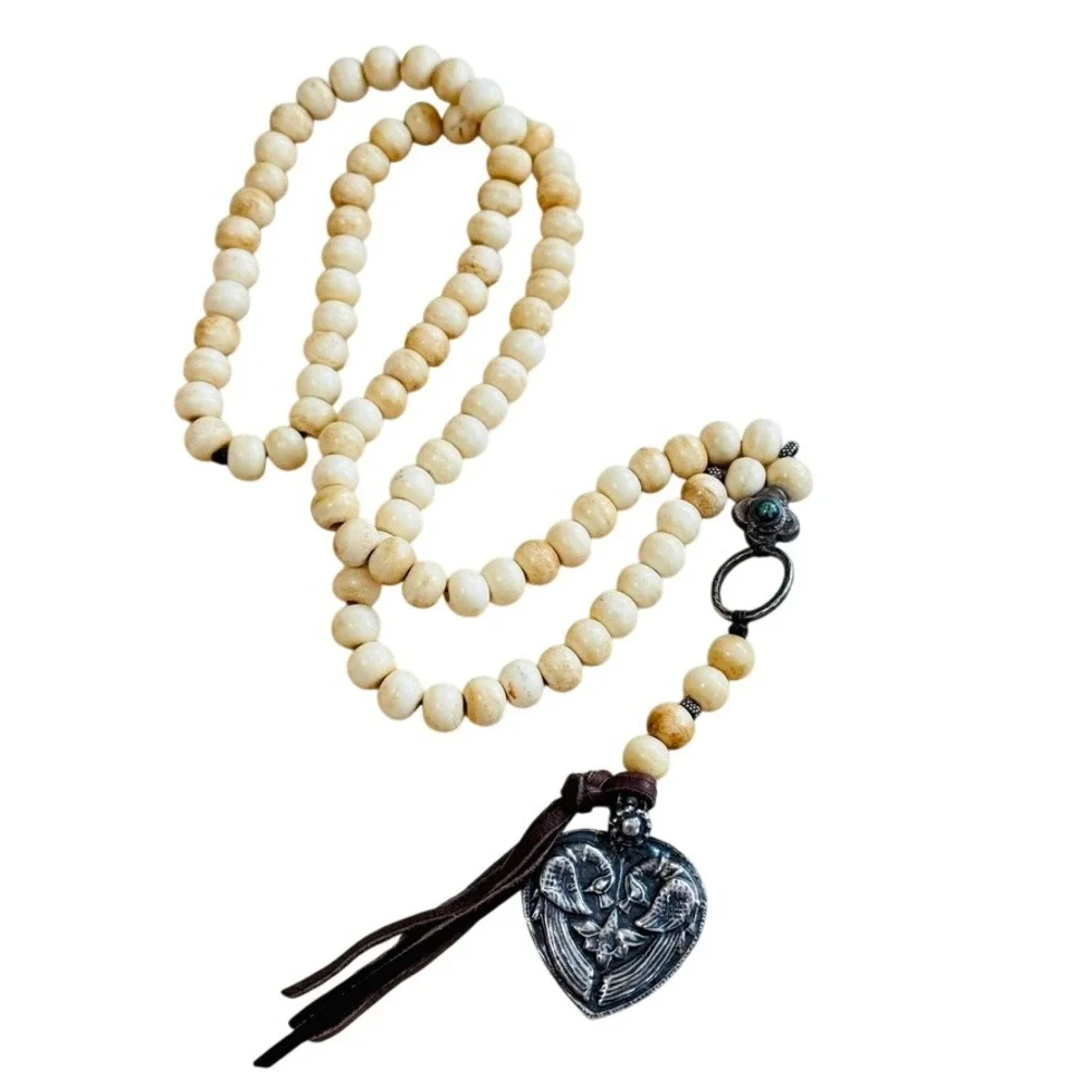 BOHO Y2K Peacock Heart necklace Silver Tone Long Beaded Statement Rare Indie 30
